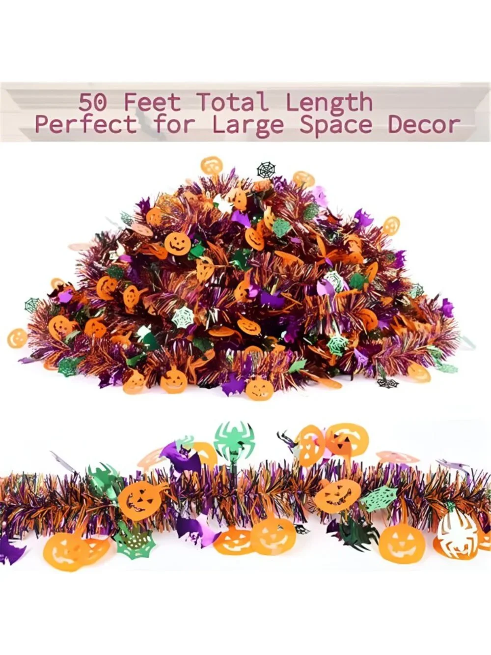Halloween Garland Decorations Glitter Tinsel Orange Pumpkin Black Bats Purple
